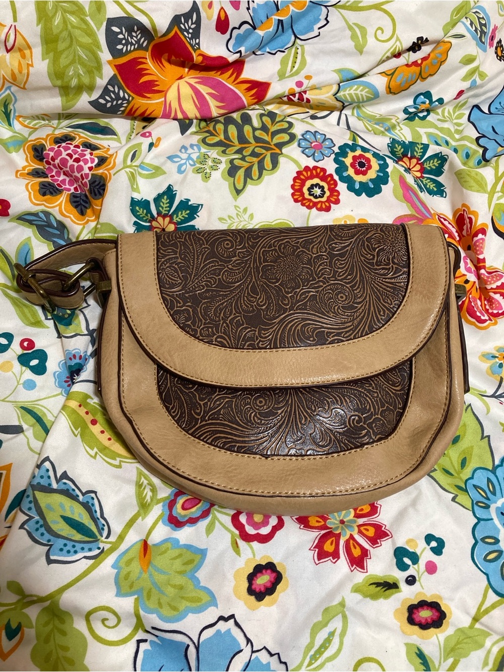 Cato Two-Tone Tan and Dark Brown Embossed Crossbody Bag